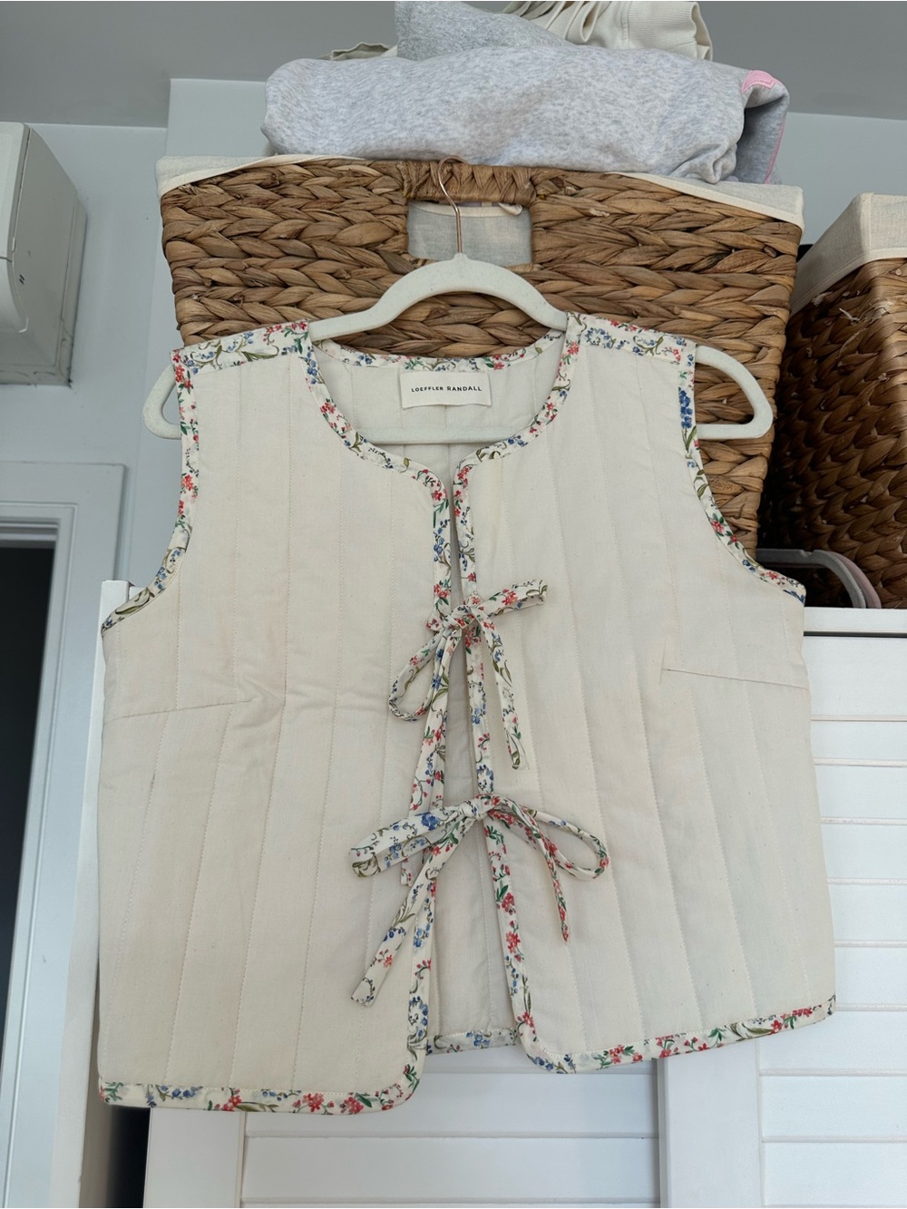 Loeffler Randall Light Cream Floral-Trim Quilted Vest
